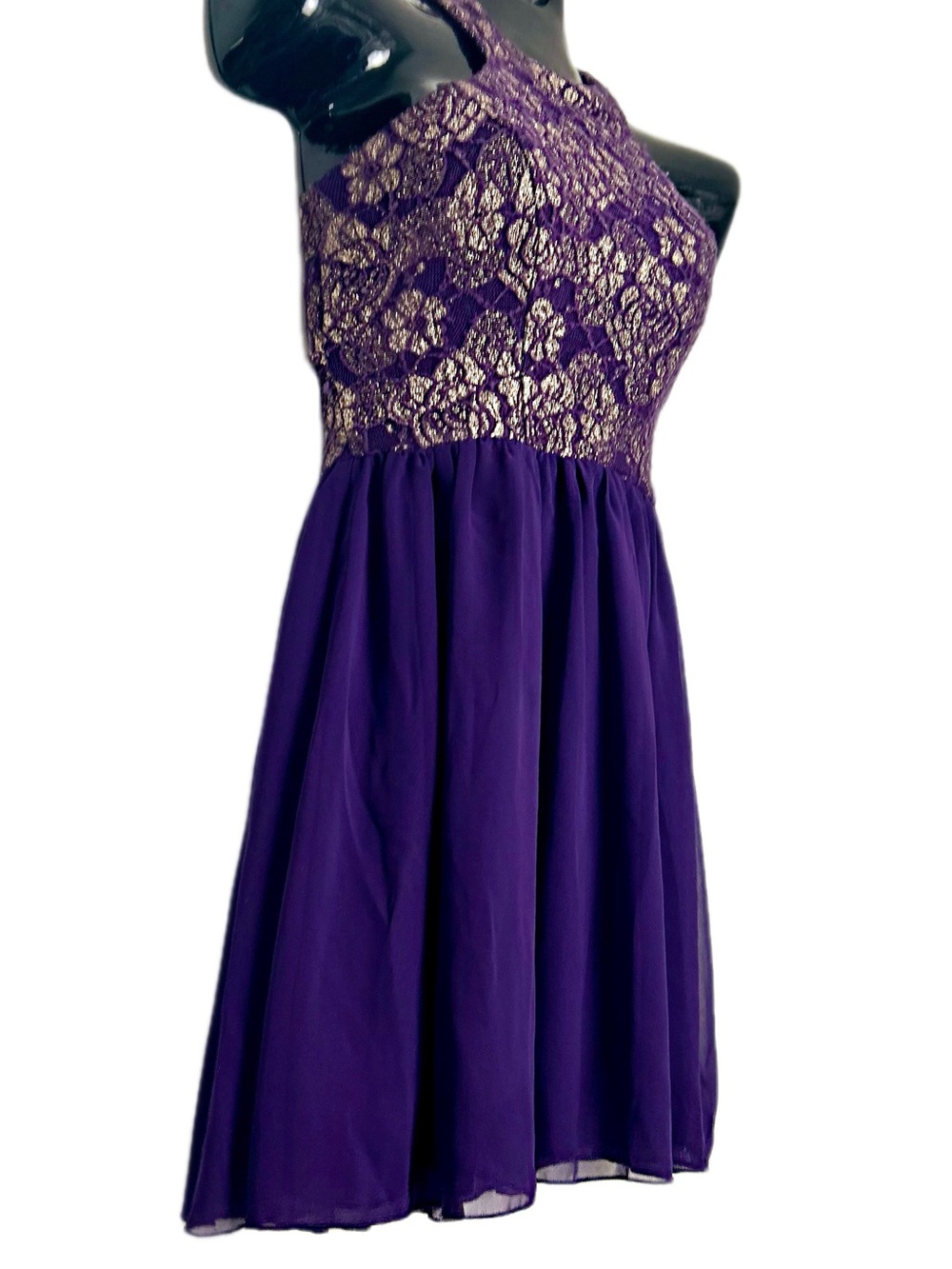 Sleeveless Party Dress featuring a metallic/glitter bodice and chiffon skirt